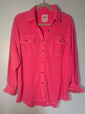 Aerie Hot Pink Waffle Knit Oversized Shirt Jacket Shacket Button Up Barbie Core